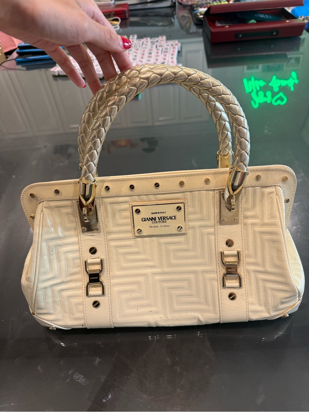 Vintage Gianni Versace Couture White Patent Leather Top Handle Bag Made in Italy